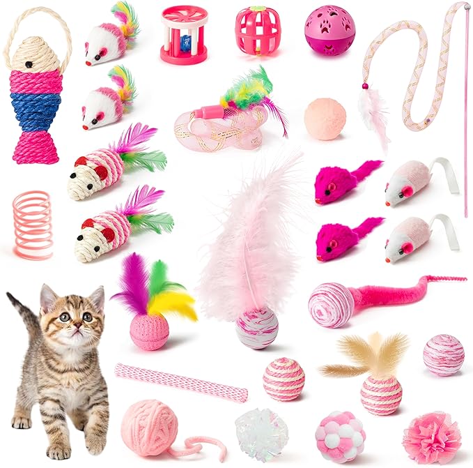 MALLMALL6 Cat Toy Set Interactive Cat Toys 27Pcs Pack Stuff Pink Feather Teaser Wand Springs Mice Sisal Fish Crinkle Balls...