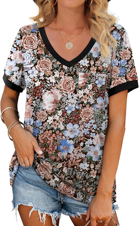 Geifa Womens T Shirts Short Sleeve V Neck Loose Casual Summer Tops 2026 with Pocket