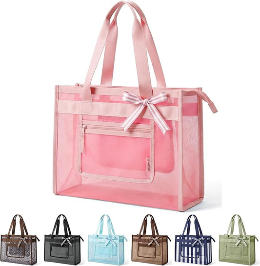 BAGSMART Mesh Beach Bag with Zipper Pocket, Large Beach Tote Bags for Women | for 40 oz Bottle, Removable Ribbon Bow, Sand...