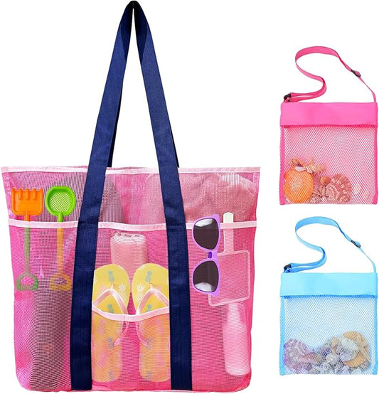 EOGOW Mesh Beach Bag XL Pink, Large Beach Bag Tote with Seashell Bag for Family Summer Travel