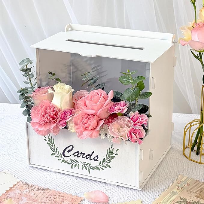 OurWarm Wooden Wedding Card Box with Acrylic Board & Flower Trough, White Gift Card Box for Wedding, Envelope Boxes for Gi...