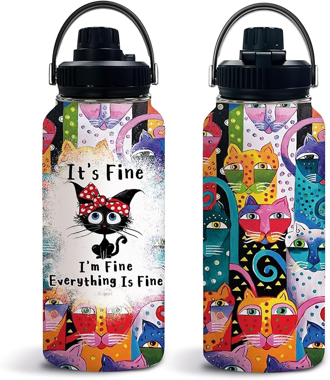 Uibunoo Cat Gifts for Women, Funny Black Cat Water Bottle Cup Tumbler with Lid 32oz Everything Is Fine, Cats Themed Gift f...