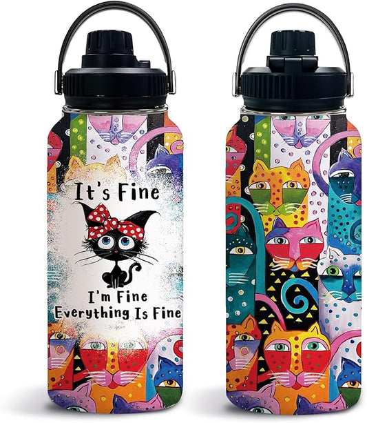 Uibunoo Cat Gifts for Women, Funny Black Cat Water Bottle Cup Tumbler with Lid 32oz Everything Is Fine, Cats Themed Gift f...