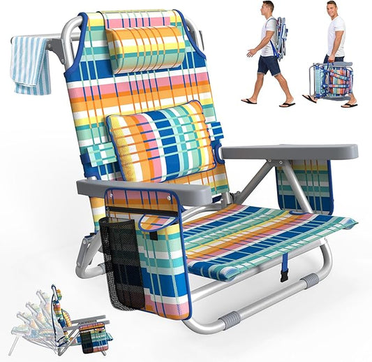 Suteck Beach Chair, Adjustable 5-Position Backpack Beach Chairs for Adults Kids, Foldable Lay Flat Chair with Cooler Bag, ...
