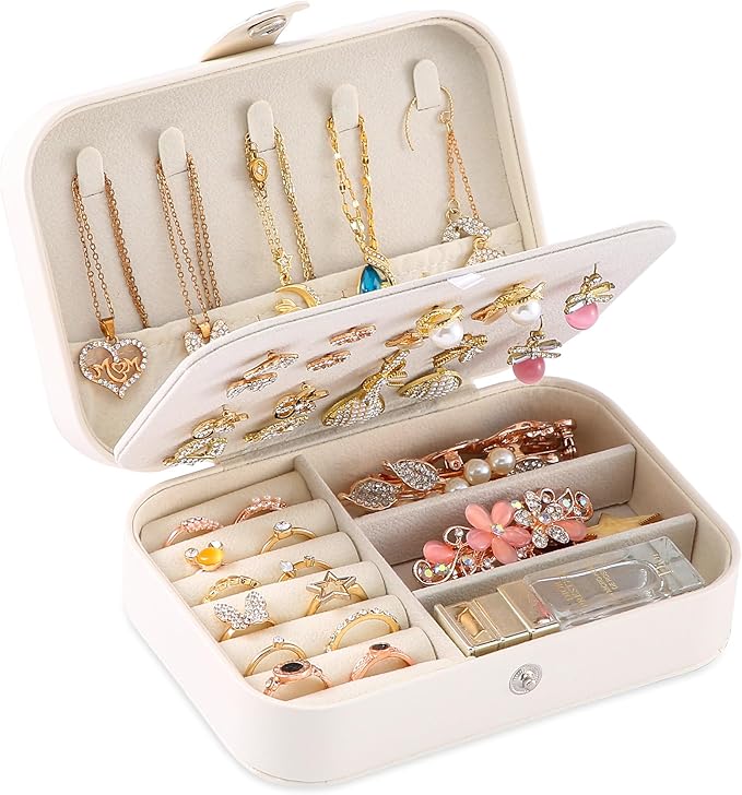 XZUZ Travel Jewelry Box, PU leather Small Jewelry Organizer For Female Girls, double layer portable mini travel case for s...