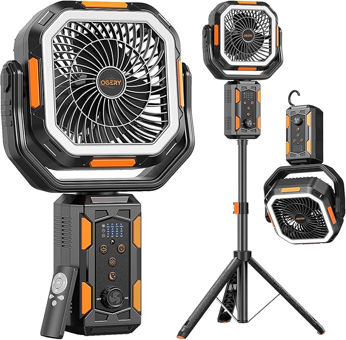 OGERY Camping Fan, Portable Fan with Adjustable Height Stand, 20000mAh Rechargeable Battery Powered Fan with Remote, LED L...