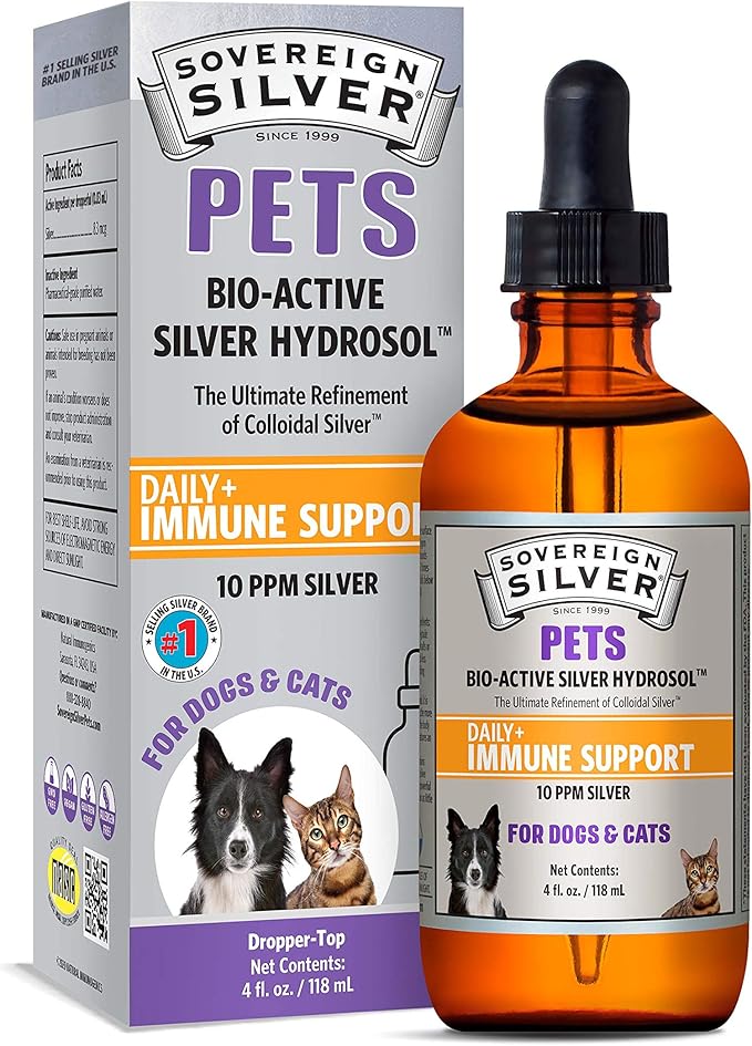 Sovereign Silver Pets Immune Support - Colloidal Silver, Bio-Active Silver Hydrosol, for Dogs and Cats 10 ppm, Liquid Drop...