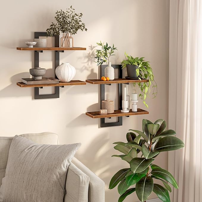 HOOBRO Floating Shelves, 15 Inch Wall Shelf Set of 2, Wall Mounted Storage Shelves 2-Tier, Hanging Bathroom Shelves, for L...