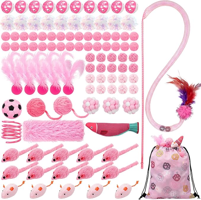 Leitee 101 Pcs Cat Interactive Toys Set with 1 Cat Paw Gift Storage Bags Feather Teaser Wand Springs Mice Fish Crinkle Bal...