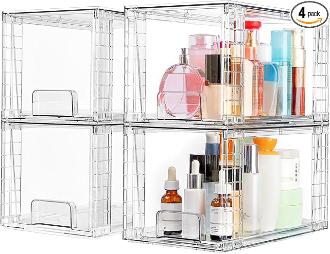 Vtopmart 4 Pack Large Stackable Storage Drawers,Easily Assemble Acrylic Bathroom Closet Undersink Organizers and Storage,P...