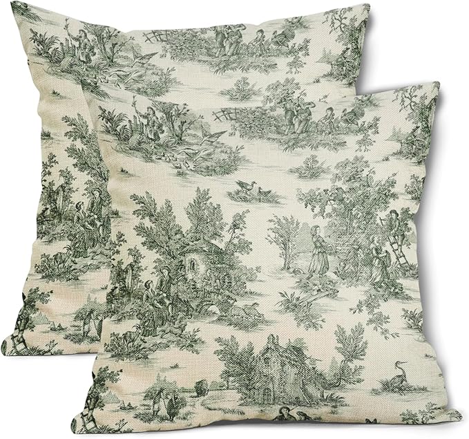 Green Toile Pillow Covers 18x18 Inch Set of 2 Olive and Beige French Country Cotton Linen Decorative Throw Pillow Case Cot...