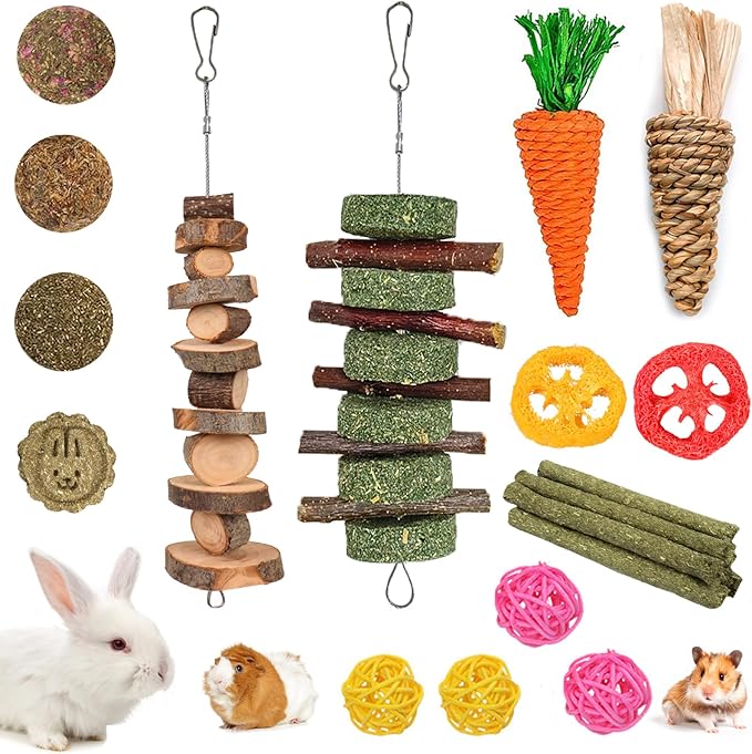 Grddaef 20 PCS Bunny Chew Toys for Teeth, Natural Rabbit Toys Apple Wood Grass Timothy Sticks Chew and Treat for Guinea Pi...