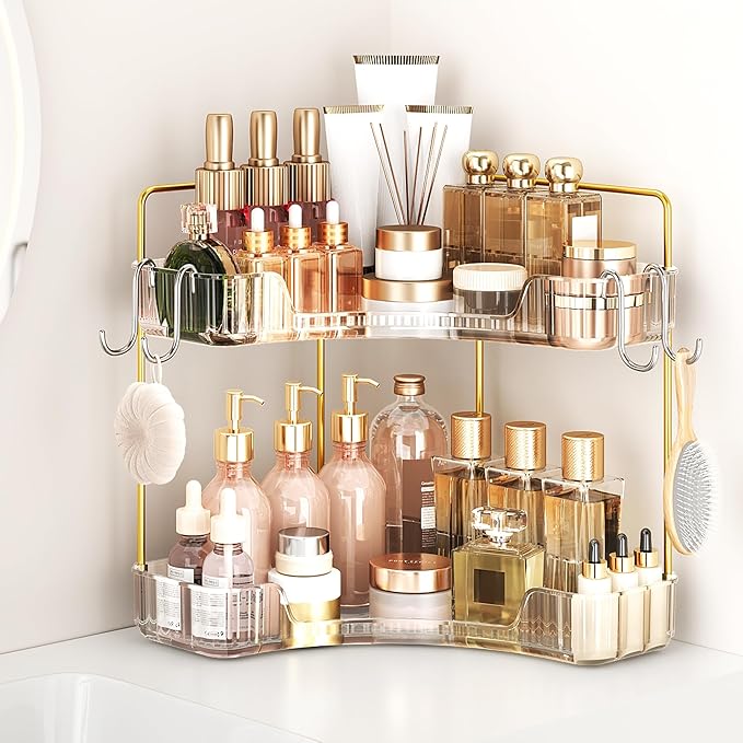 Kinkota Corner Bathroom Counter Organizer 2 Tier Bathroom Organizers and Storage Countertop with Hooks Skin Care Exquisite...