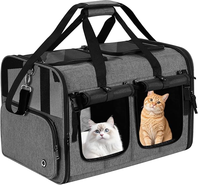 Groxkox Cat Carrier for 2 Cats, Foldable Double Cat and Dog Carrier, Small to Medium Size, 2 Front Zippered Compartments,T...