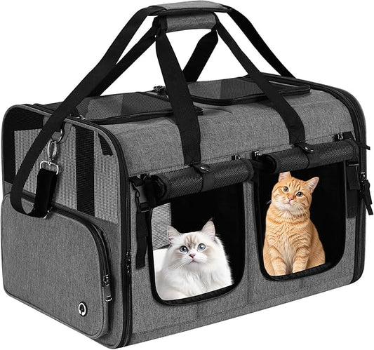 Groxkox Cat Carrier for 2 Cats, Foldable Double Cat and Dog Carrier, Small to Medium Size, 2 Front Zippered Compartments,T...