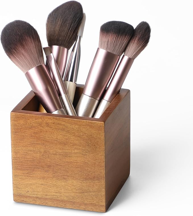 LBEMEY Acacia Wood Makeup Brush Holder Organizer for Vanity,Pen and Pencil Holder for Desk,Desktop Organizer for Store Mar...