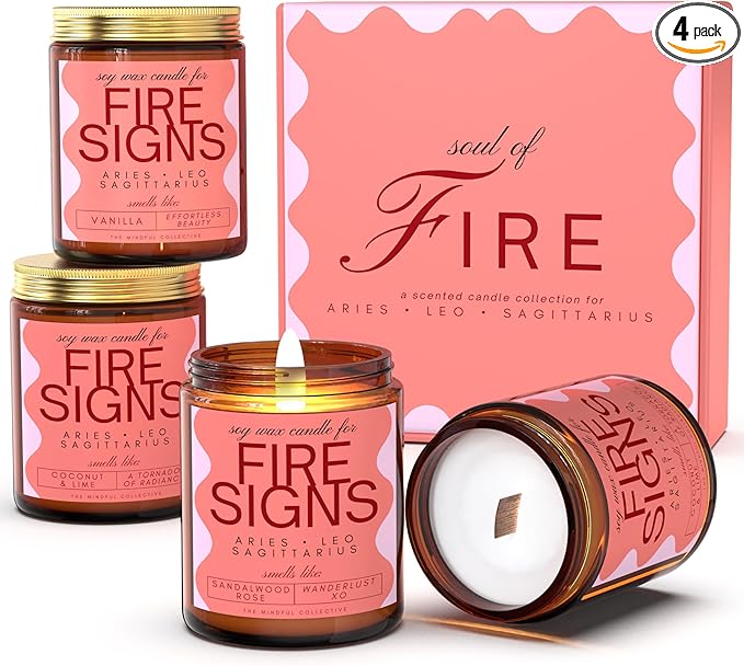 Aries, Leo, Sagittarius Gifts for Women - Wood Wick Candles, 4 Pack Small Scented Candles Set for Women. 6oz Natural Soy W...