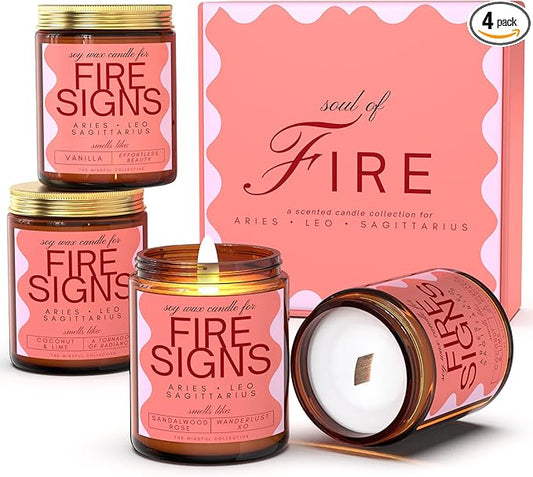 Aries, Leo, Sagittarius Gifts for Women - Wood Wick Candles, 4 Pack Small Scented Candles Set for Women. 6oz Natural Soy W...