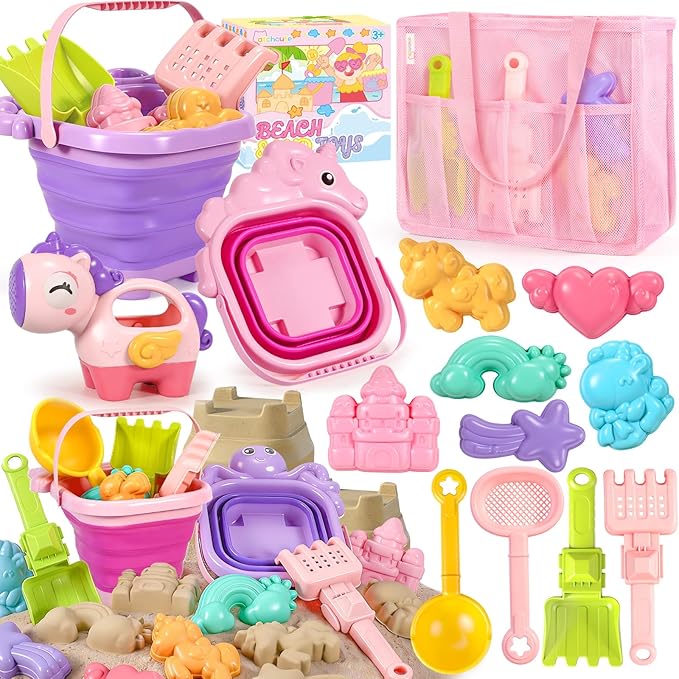 CatchCute Unicorn Collapsible Beach Toys,14 PCS Sand Toys Set with Animal Foldable Buckets,Shovels,Sifter,Sand Molds,Castl...