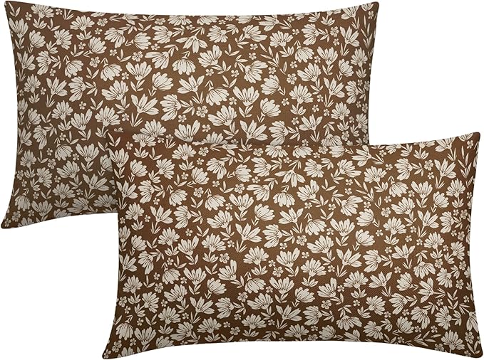 Kawani Brown Beige Daisy Floral Lumbar Pillow Covers, Vintage Flowers 12x20 Inch Set of 2, Block Print Cotton Linen Throw ...