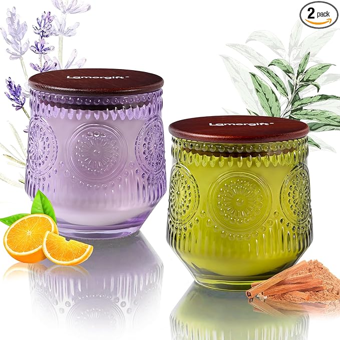 2 Pcs Soy Wax Scented Jar Candles Set, Sandalwood Sage & Citrus Lavender- Scented Candles for Home, 7.5oz Each, Up to 52 H...
