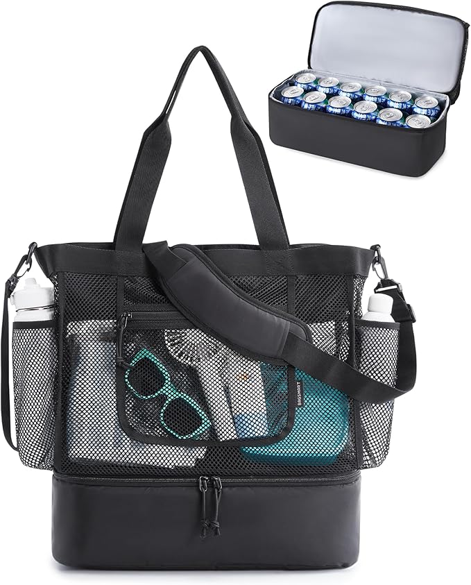 BAGSMART Beach Bag for Women, Mesh Tote Bags with Zipper, Sandproof Vacation Essentials with Cooler for Swim Cruise Pool