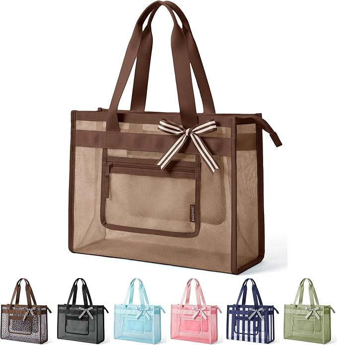 BAGSMART Mesh Beach Bag with Zipper Pocket, Large Beach Tote Bags for Women | for 40 oz Bottle, Removable Ribbon Bow, Sand...