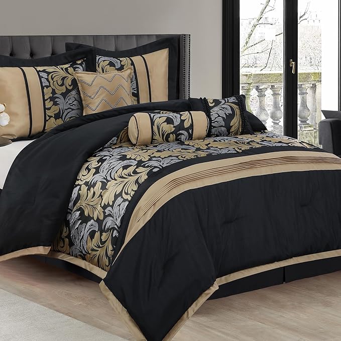 LANCO MODERN LIFESTYLE Black Gold Queen Comforter Set, 7 Piece, Gorgeous Floral Jacquard with Piecework, Soft for All Seas...