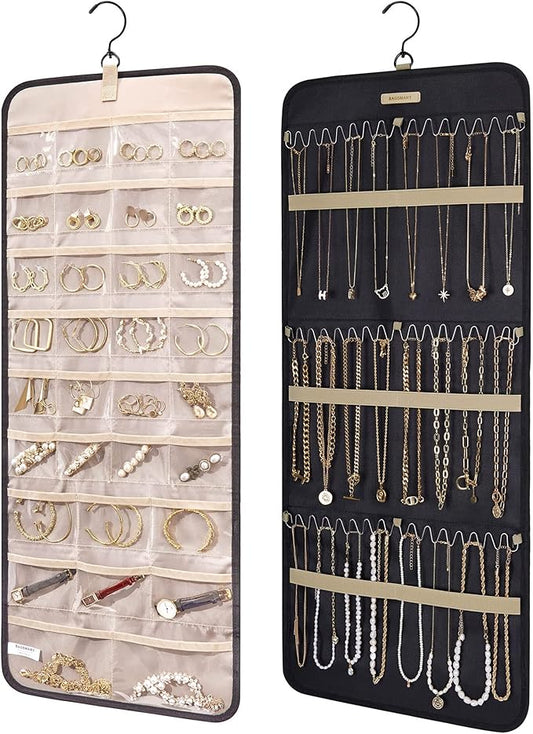 BAGSMART Hanging Jewelry Organizer Storage Roll with Hanger Metal Hooks Double-Sided Jewelry Holder for Earrings, Necklace...