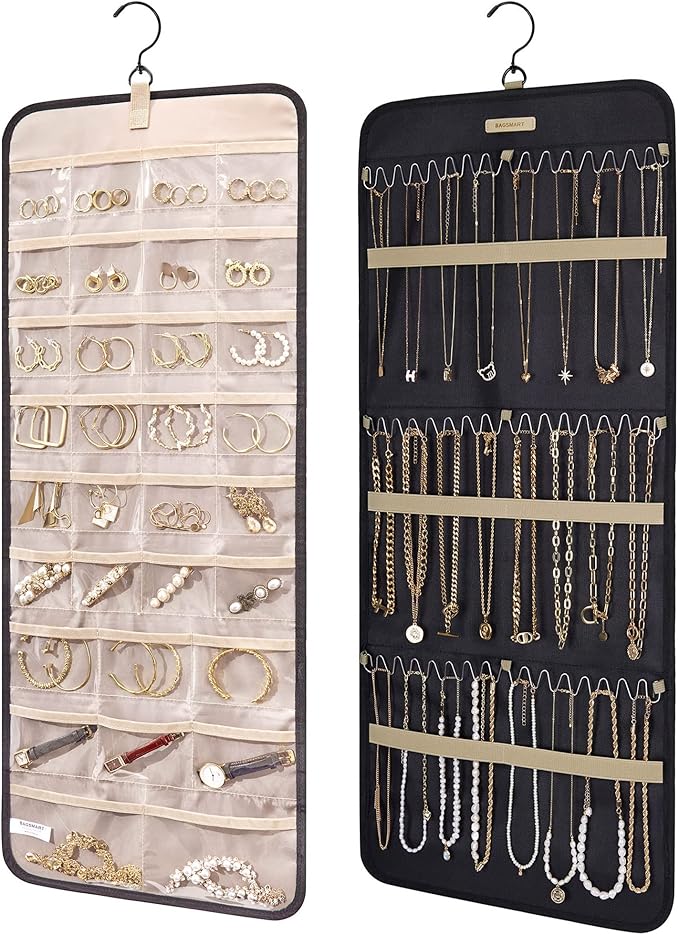 BAGSMART Hanging Jewelry Organizer Storage Roll with Hanger Metal Hooks Double-Sided Jewelry Holder for Earrings, Necklace...