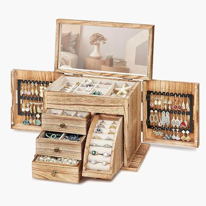 Poyilooo Jewelry Box Organizer, Solid Wood Jewelry Boxes fow Women with Mirror, Double Layer Jewelry Organizer Box Display...