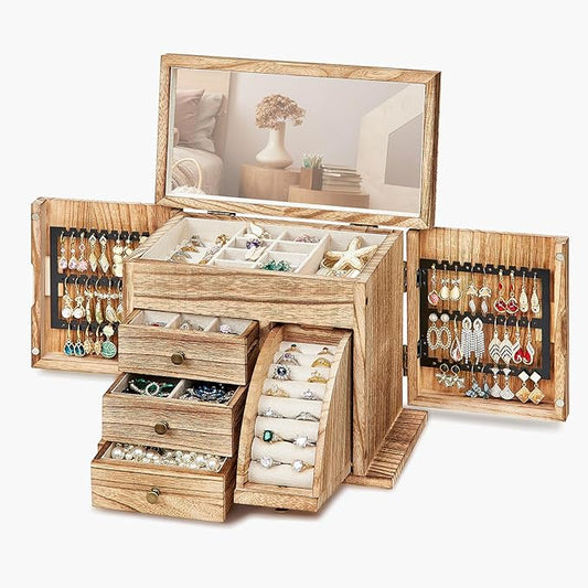 Poyilooo Jewelry Box Organizer, Solid Wood Jewelry Boxes fow Women with Mirror, Double Layer Jewelry Organizer Box Display...