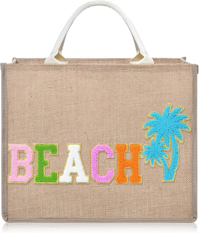 KUIRAN Beach Bag for Women Large Woven Straw Bag with Chenille Letter Patches and Water-resistant Lining, 20L Tote Handbag