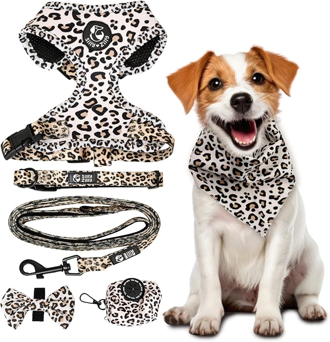 Silly Zilly No Pull Harness and Leash Set - 6-in-1 Adjustable Vest Harness and Collars for Medium and Large Dogs. (Leopar...