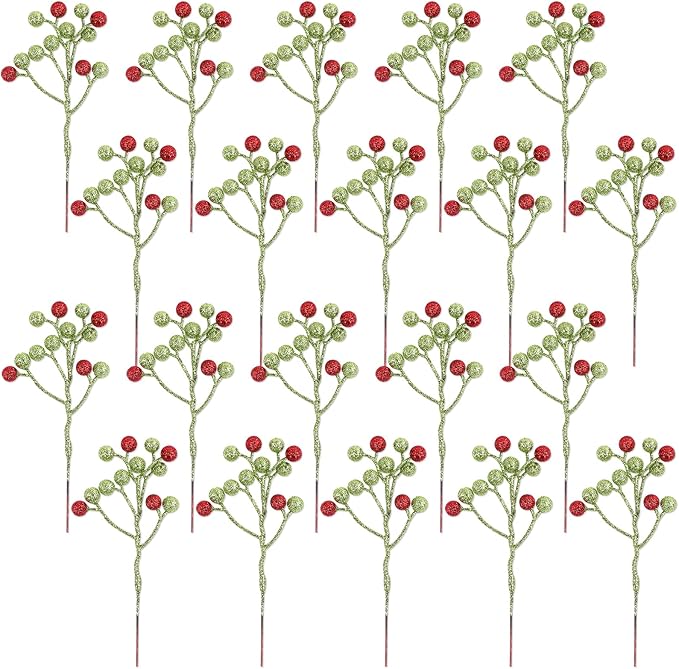 Fangoo 20 Pack 7 Inch Artificial Green Red Berry Picks for Christmas Tree Burgundy Green Red Berries Stems Holly Berry Bra...