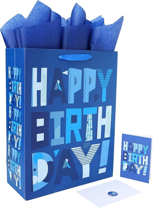 wishinside 16.5” Extra Large Blue Gift Bags Set with Greeting Card and Tissue Papers (Blue Happy Birthday) for Men's Birth...