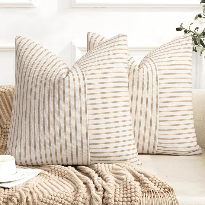 YCOLL Farmhouse Pillow Covers 20x20, Modern Accent Square Throw Pillow Covers Set of 2, Khaki and Beige Striped Patchwork ...
