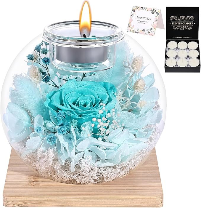 NERCHVO Preserved Rose in Glass Dome with Scented Candles, Romantic Gift for Women, Birthday for Girlfriend, Wife, Mom