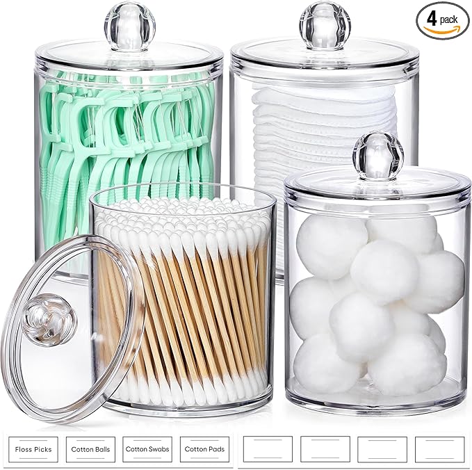 4 Pack Acrylic Qtip Holder Dispenser for Cotton Swabs, Balls, Pads, Floss Picks- Small Clear Acrylic Canister Apothecary J...