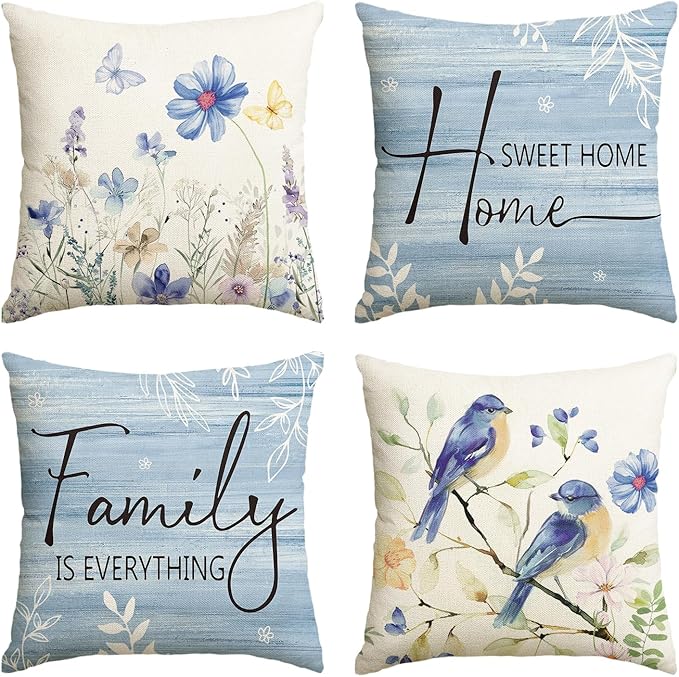 AVOIN colorlife Spring Saying Flowers Butterfly Bird Throw Pillow Covers, 18 x 18 Inch Home Sweet Home Blue Cushion Case f...