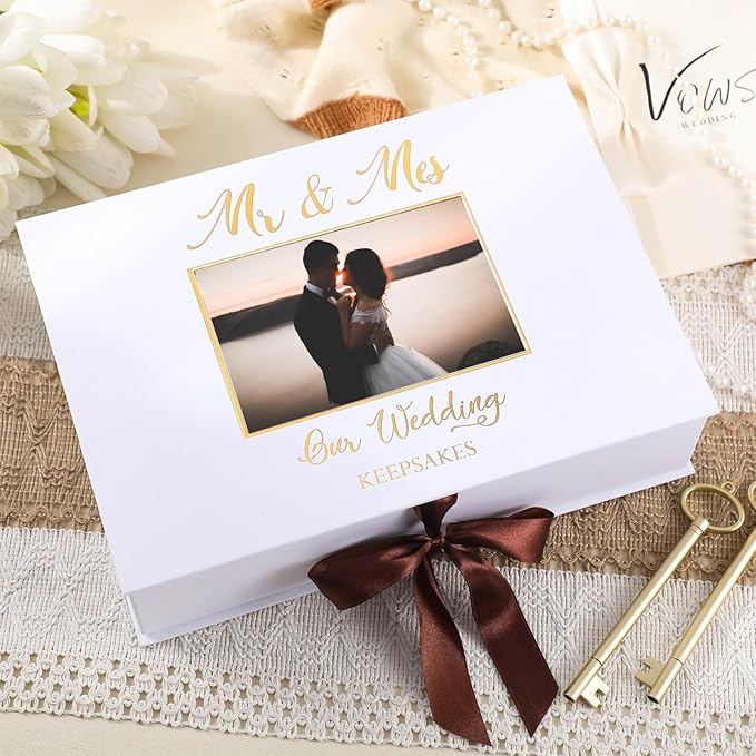 Weysat 12x9 Inches Gold Stamping Font Wedding Keepsake Box Cover with Photo Frame, White Wedding Memory Box with Ribbon fo...