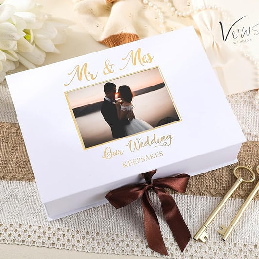 Weysat 12x9 Inches Gold Stamping Font Wedding Keepsake Box Cover with Photo Frame, White Wedding Memory Box with Ribbon fo...