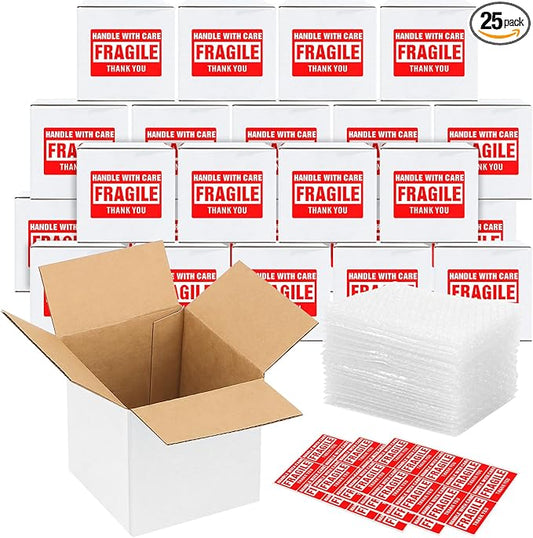25Pack 5x5x5 Shipping Boxes for Small Business,White Mailing Boxes with Bubble Bags & Fragile Stickers for Mailing and Pac...
