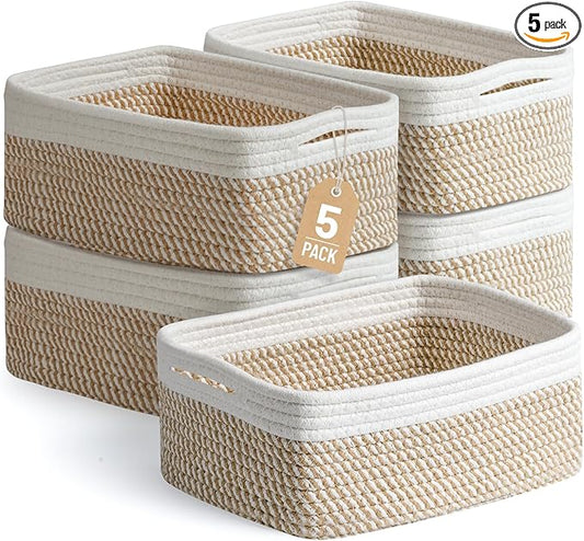 5 Pack Small Woven Storage Baskets for Shelves, Cotton Rope Baskets Organizer for Bathroom, Closet & Nursery, Decorative S...