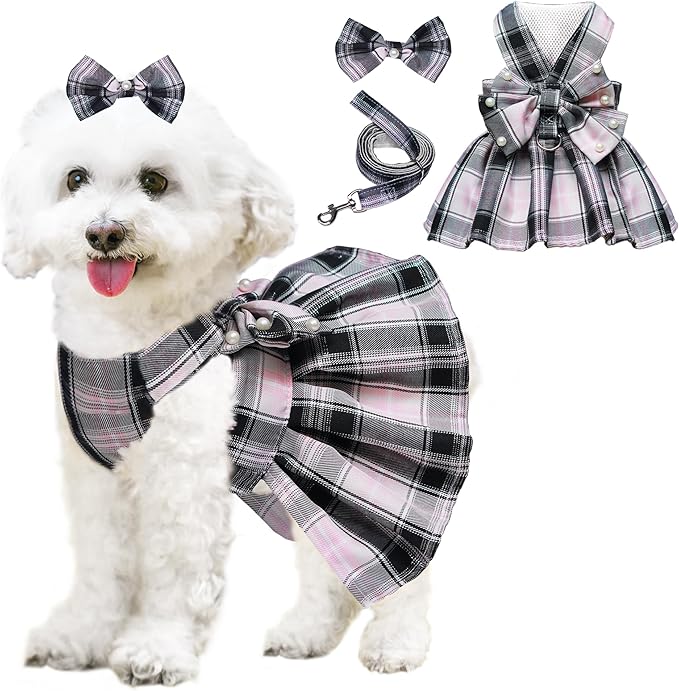 Dog Dress Bowknot Harness Leash Set for Small Dogs Girl Cute Plaid Dog Dress Pearls Bow Tie Spring Summer Princess Clothes...
