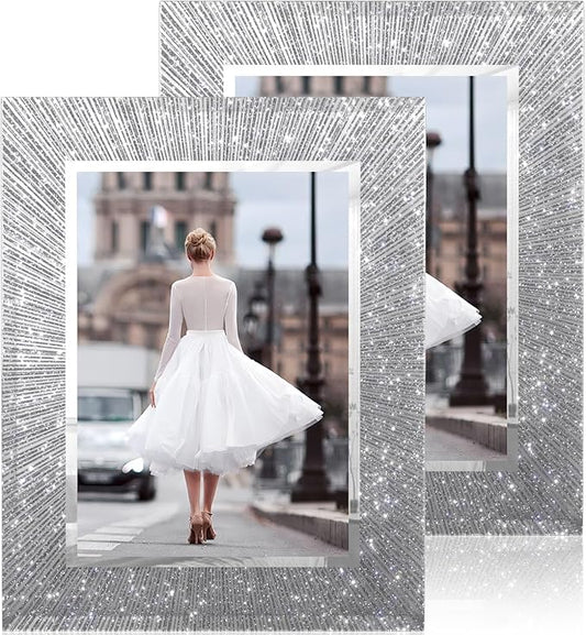 Flocey 5x7 Picture Frame Glass 2 Pack, Sparkly Glitter Photo Frame 5 x 7 Mirror Crystal Wedding Gift Wall and Tabletop Dis...