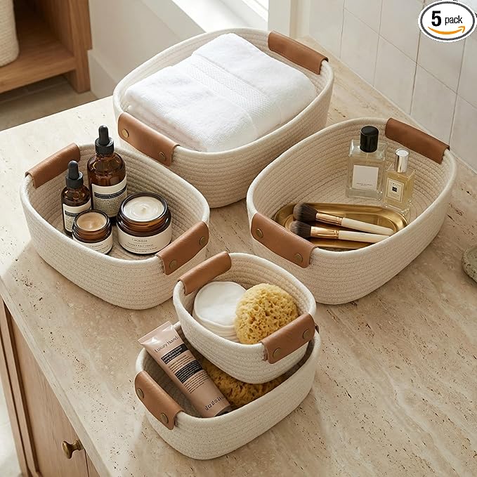 Beautiful Storage Basket Set of 5 - Sturdy Cotton Rope Baskets for Shelves Are Perfect for Organizing Your Home - Quality ...