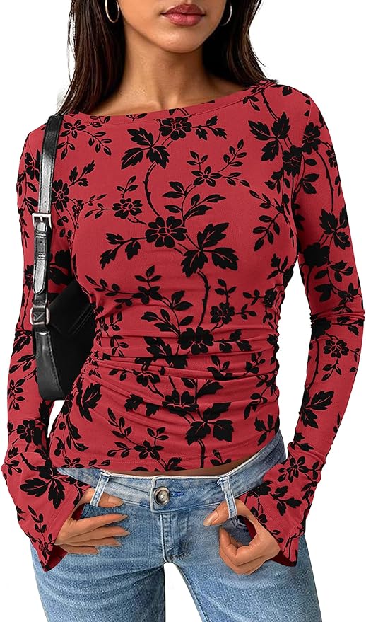 PRETTYGARDEN Women Long Sleeve Floral Mesh Tops Blouse 2026 Fall Trendy Boat Neck Ruched Spring Shirt Going Out Date Outfits