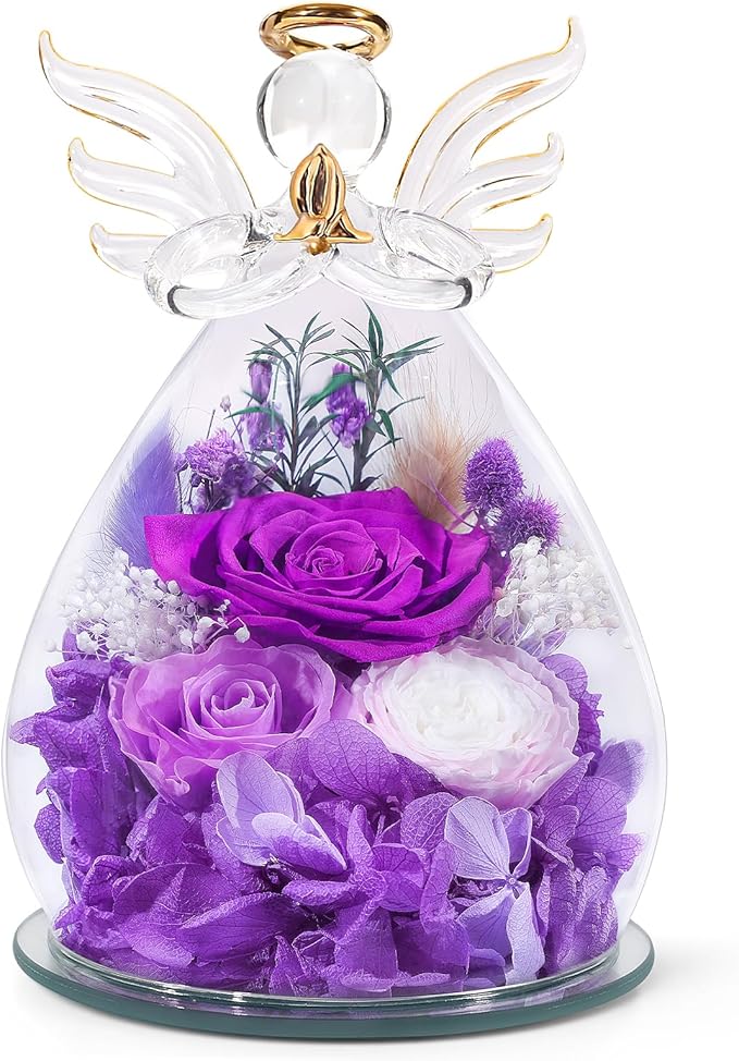 Gifts for Mom Birthday Gifts for Women Preserved Rose Forever Flower in Glass Angel Figurines Fresh Flowers for Delivery A...