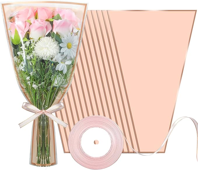 50PCS Flower Wrapping Bags for Bouquets 17 x 11in Pink Floral Bouquet Packing Sleeves with Ribbon Plastic Flower Bouquet S...
